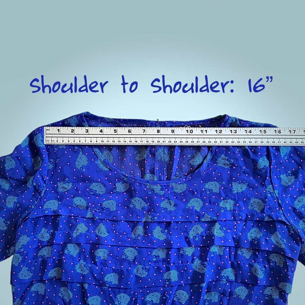 Hello Kitty Sheer Cobalt Blue Ruffle Blouse Women's L, Fits Like M, Pink‎ Hearts - Picture 8 of 10